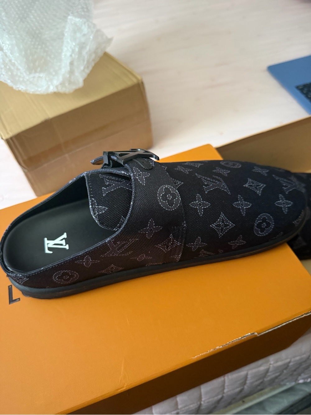 Louis Vuitton Black Monogram Slip-On Mule with Buckle